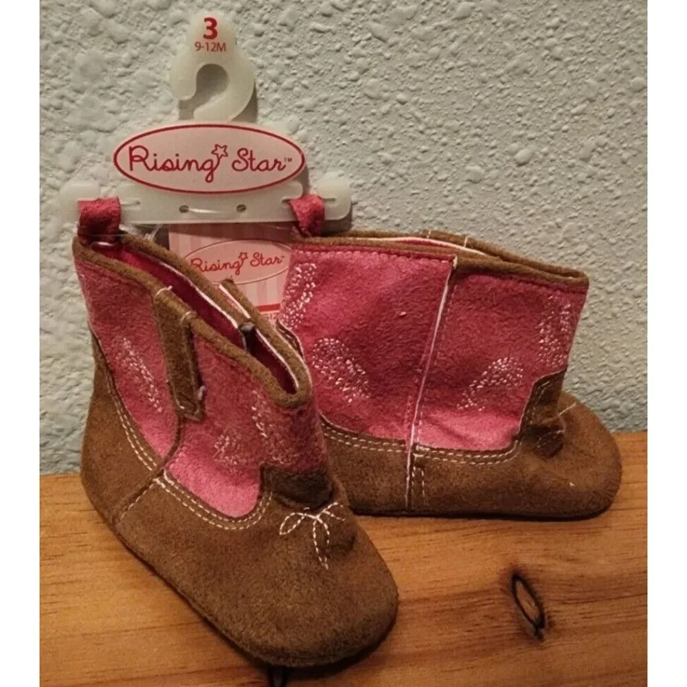 NEW Rising‎ Star Cowboy Cowgirl Soft Sole Boots Pink/Brown Infant Sz 9-12 Months